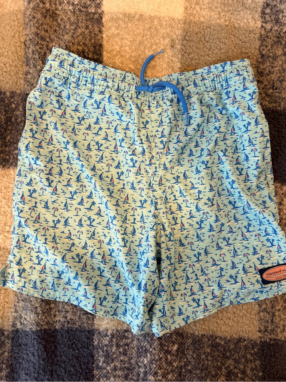 Vineyard Vines Boys Swim Trunks VGUC Blue Coastal Print